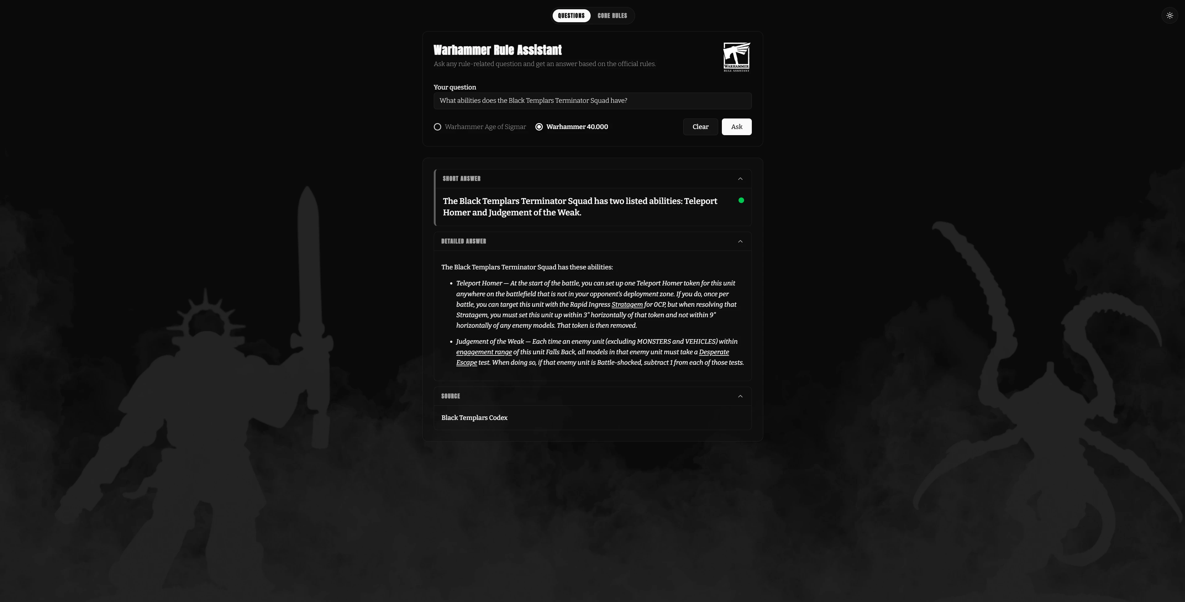 Screenshot voor project Warhammer Rule Assistant
