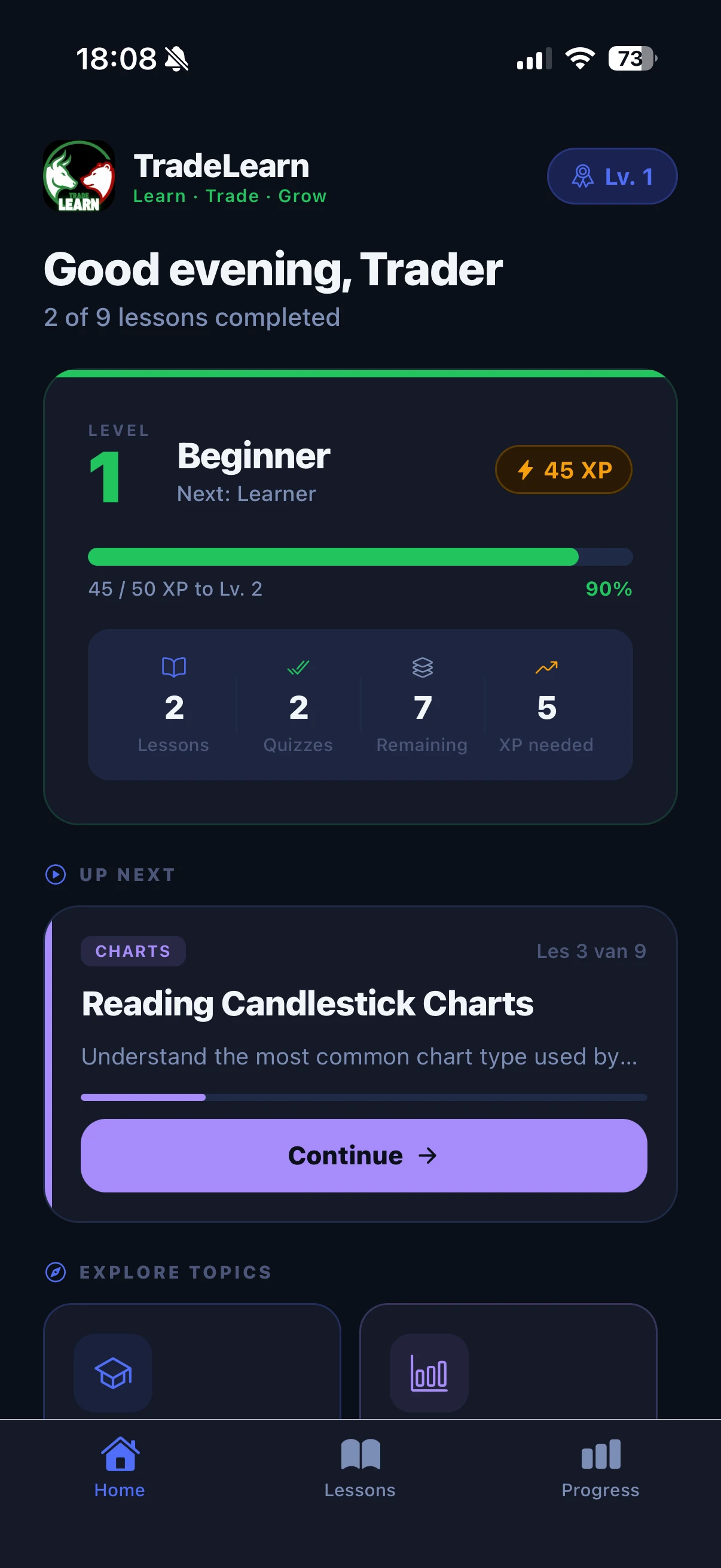 Screenshot voor project TradeLearn