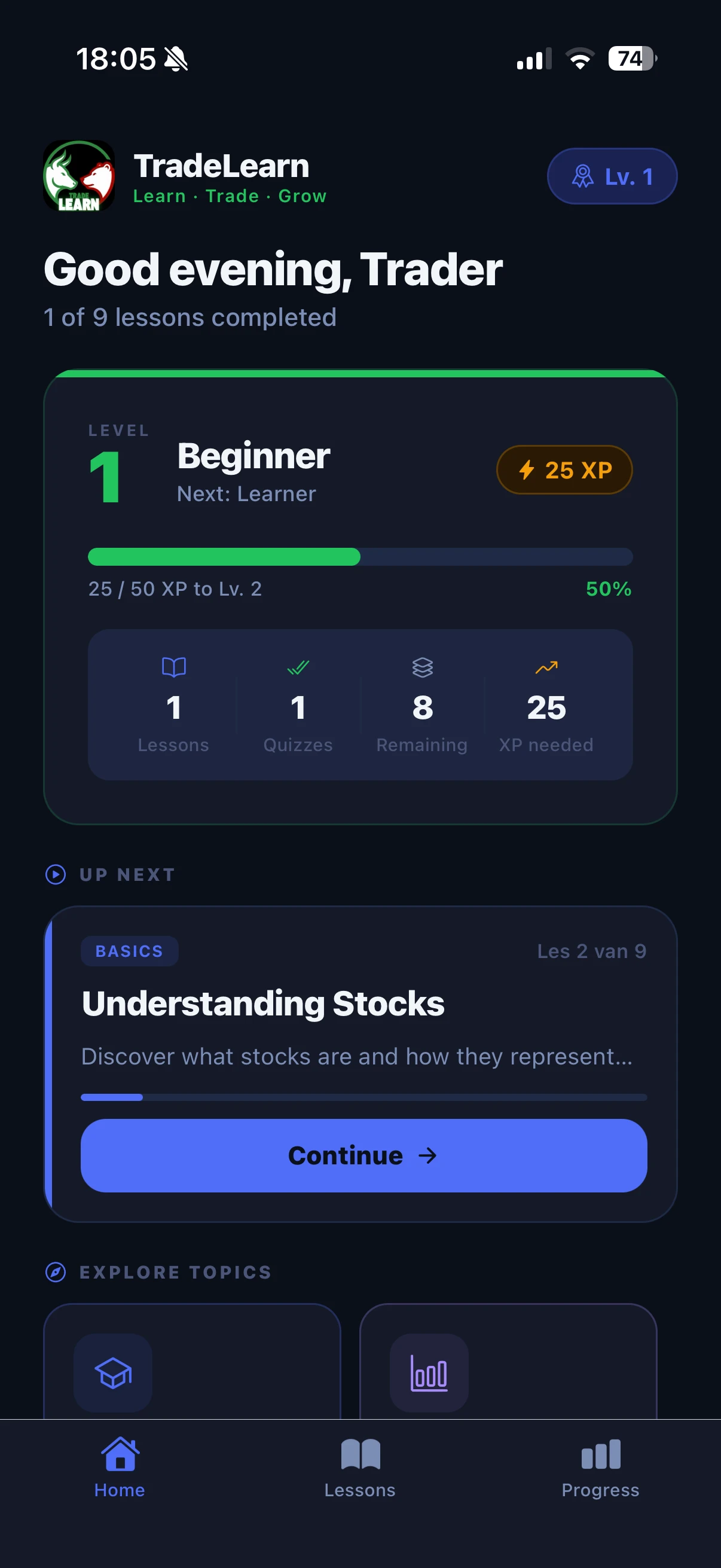 Screenshot voor project TradeLearn