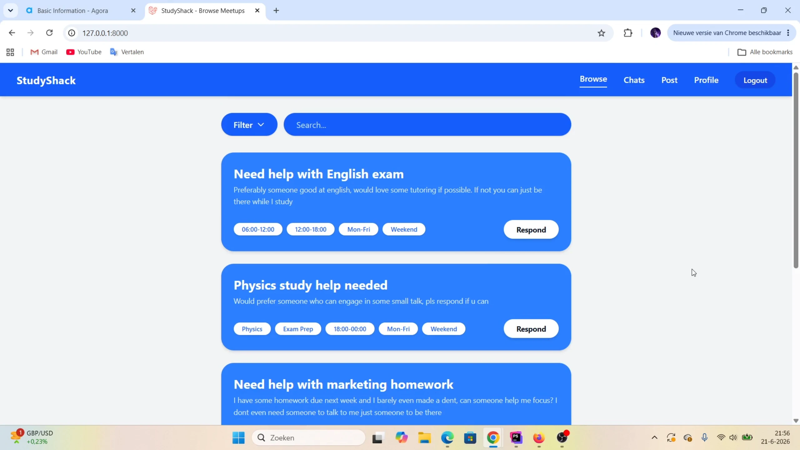 Screenshot voor project StudyShack