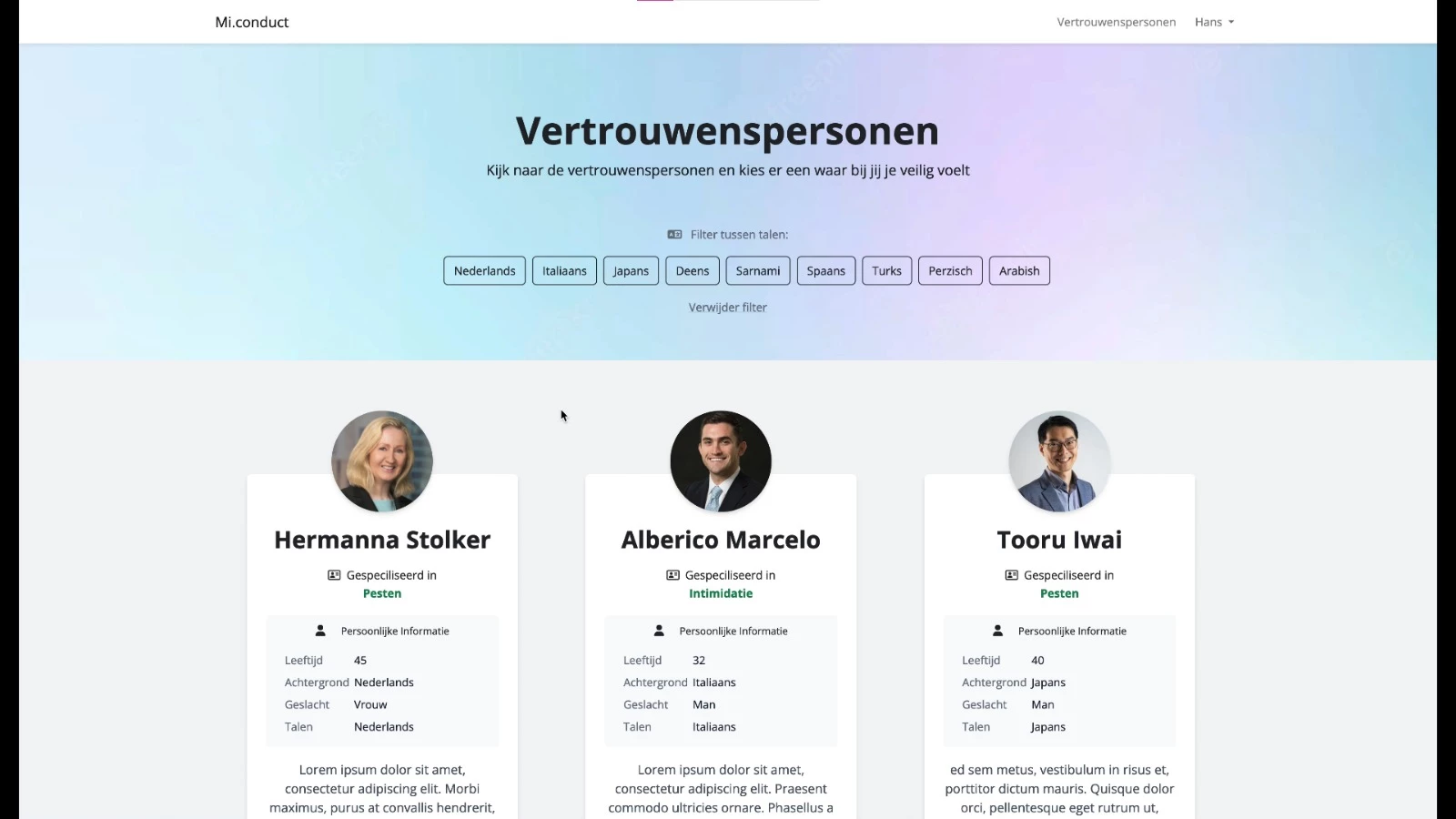 Screenshot voor project MI conduct